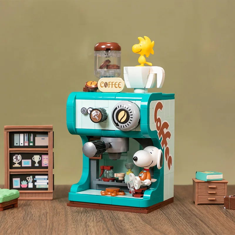 Snoopy Building Blocks Retro Machine Series เครื่องใช้ในบ้านเครื่องพิมพ์ดีดกาแฟ Patchwork ชุดเครื่องประดับของขวัญของเล่น
