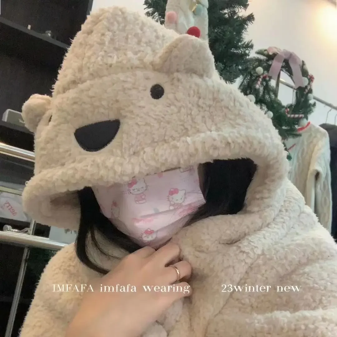 Cute Little Bear Autumn Winter Thick Nap Blanket with Hat Dual-use Blanket Shawl for Students Indoor Winter Home Thick Blanket