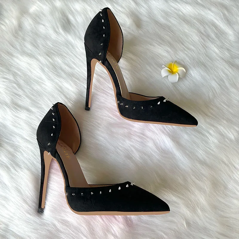 2023 New Fashion Hot Sale Brand Designer Black Suede Pointed Toe Spike Rivets 120mm Big Small Size High Heel Shoes Pump On Sale