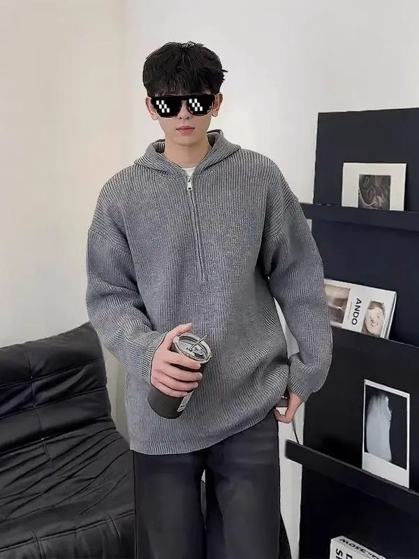 

Мужской вязаный свитер свободного кроя на молнии, модная осенне-зимняя толстовка с капюшоном, удобная, из полиэстера, с длинными рукавами