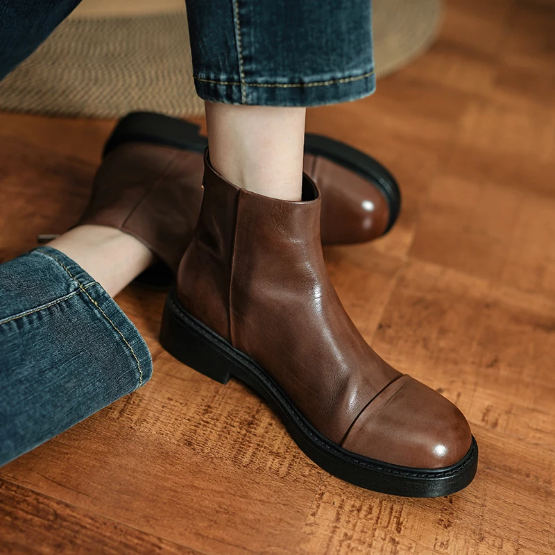 

Chelsea Boots Back Zip Cowhide Women Boots Square Heel Winter Shoes Woman Round Toe Retro Style Spring Autumn Ankle Boots