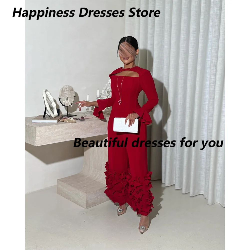 

Red Jumpsuit Evening Dress Customized Elegant Long Sleeves Ankle-Lenth Jersey Saudi Arab Prom Gown Arabian Formal Dresses