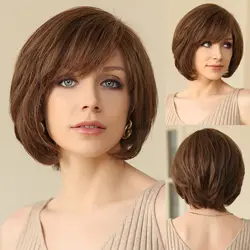 Short Straight Brown Lace Front Human Hair Wigs with Bangs for White Women Bob Natural Wavy Layered Wigs 100% Remy Human Hairs