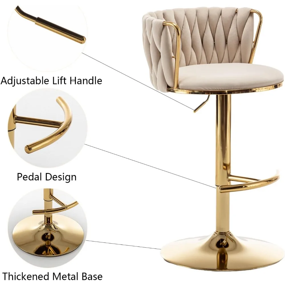 Gold Velvet Café Chairs Set of 4, Swivel Counter Height with Back, Adjustable Woven Barstools for Kitchen Island,Café Chairs