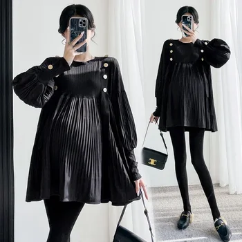 917 # jesienna moda zimowa dzianinowe bluzki ciążowe z patchworkową luźną koszulą odzież dla ciężarnych kobiet