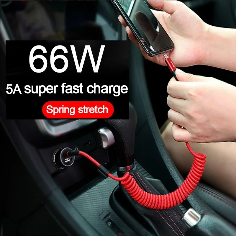 66W 5A USB Type C Data Cable Micro USB Spring Pull Telescopic Fast Charging Cable for Android Phone Accessories Car USB Cable