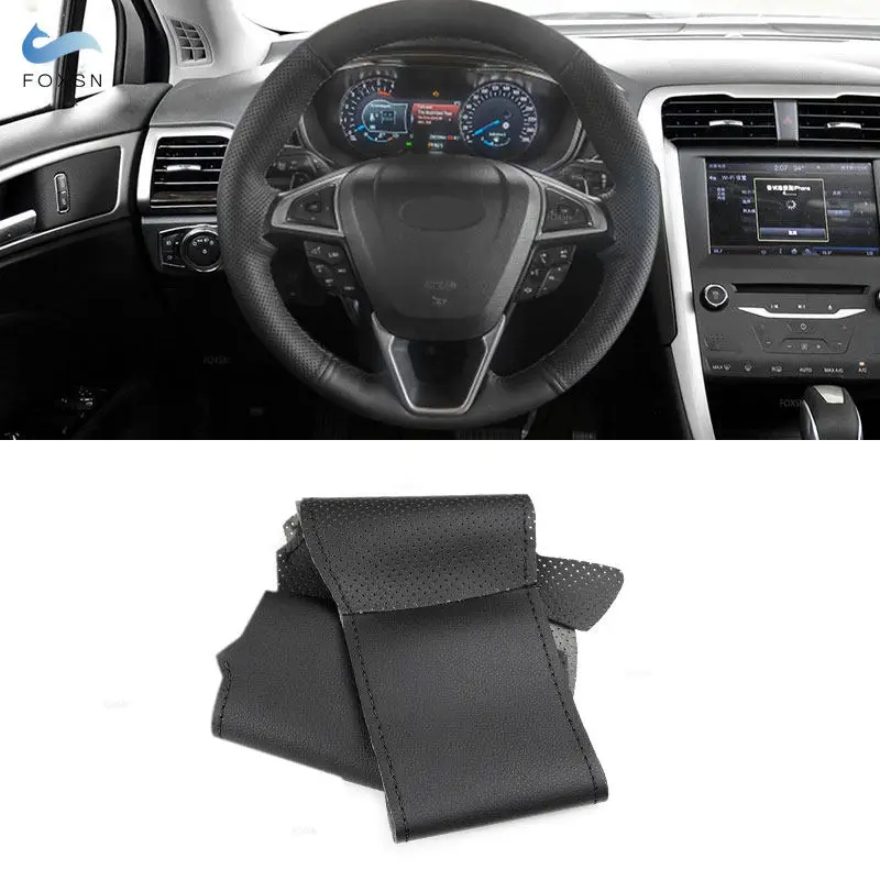 

For Ford Mondeo Fusion 2013-2019 EDGE 2015 2016 2017 2018 Braids on Car Steering Wheel Cover Black Perforated Microfiber Leather
