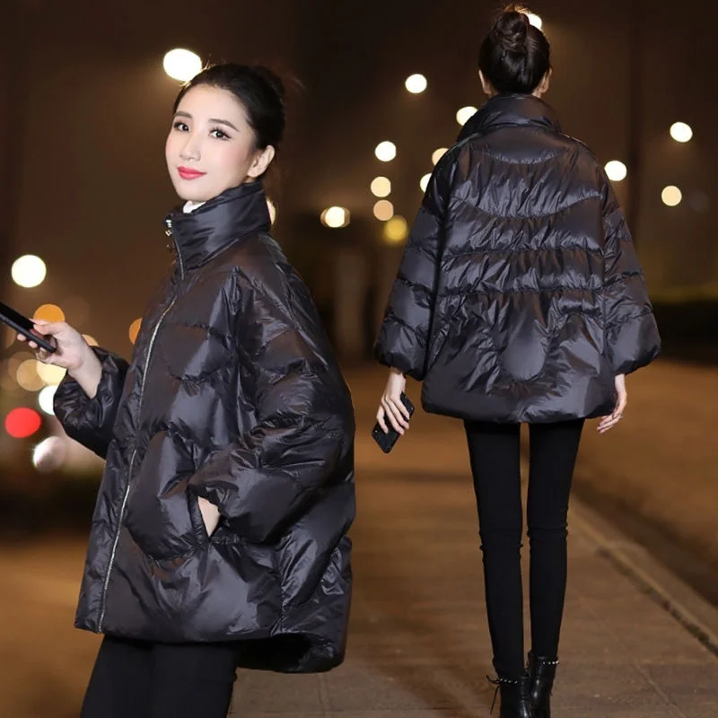 2024 Autumn and Winter Leisure Women\'s Down Cotton Padded Jacket Warmth Padded Bat Sleeves Stand-up Collar Loose Jacket Women