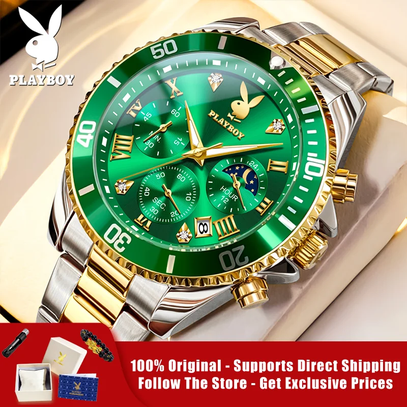 

PLAYBOY 3506 Brand original authentic watches for man luxury Gift Box Solid steel belt chronograph calendar quartz men's watch
