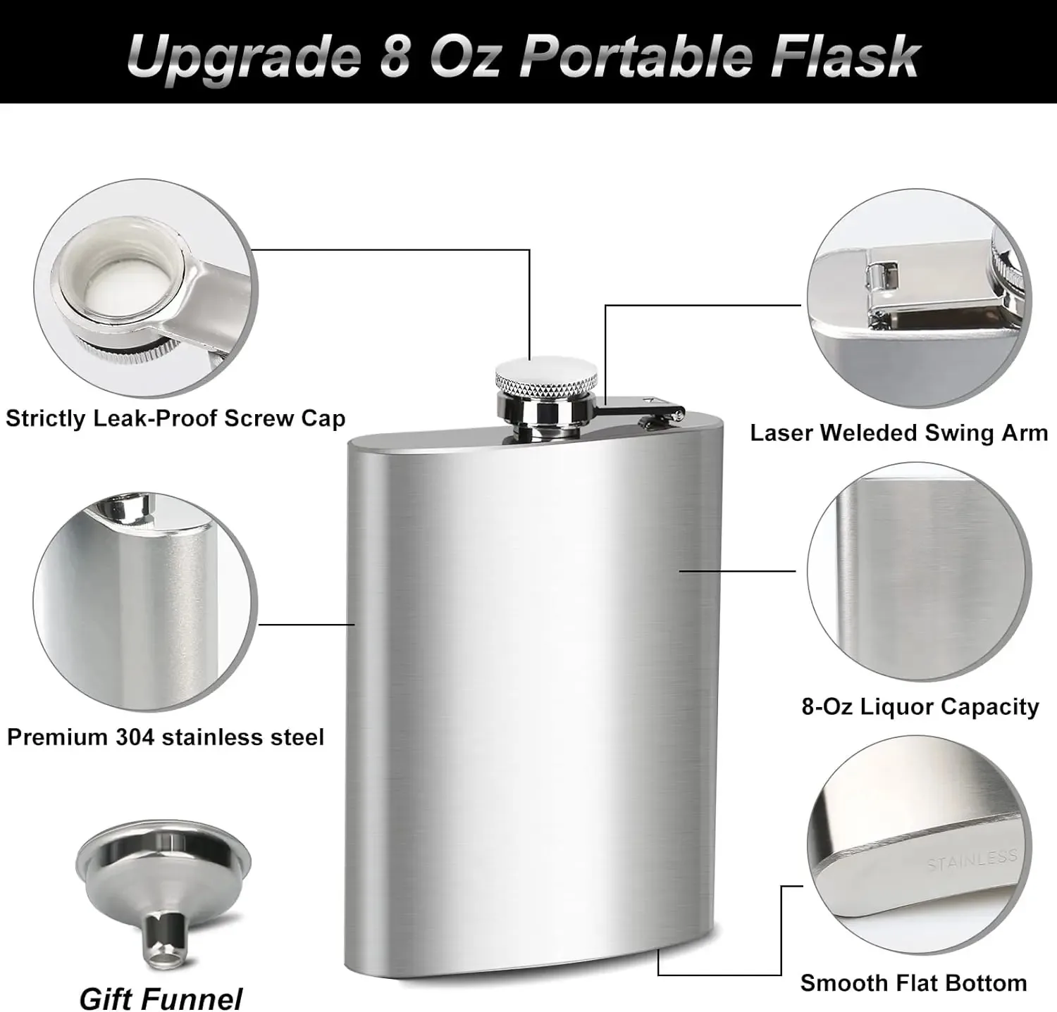 7/10 oz silver colour Stainless Steel Hip Flask with Funnel Pocket Hip Flask Alcohol Whiskey Hip Flask Screw Cap