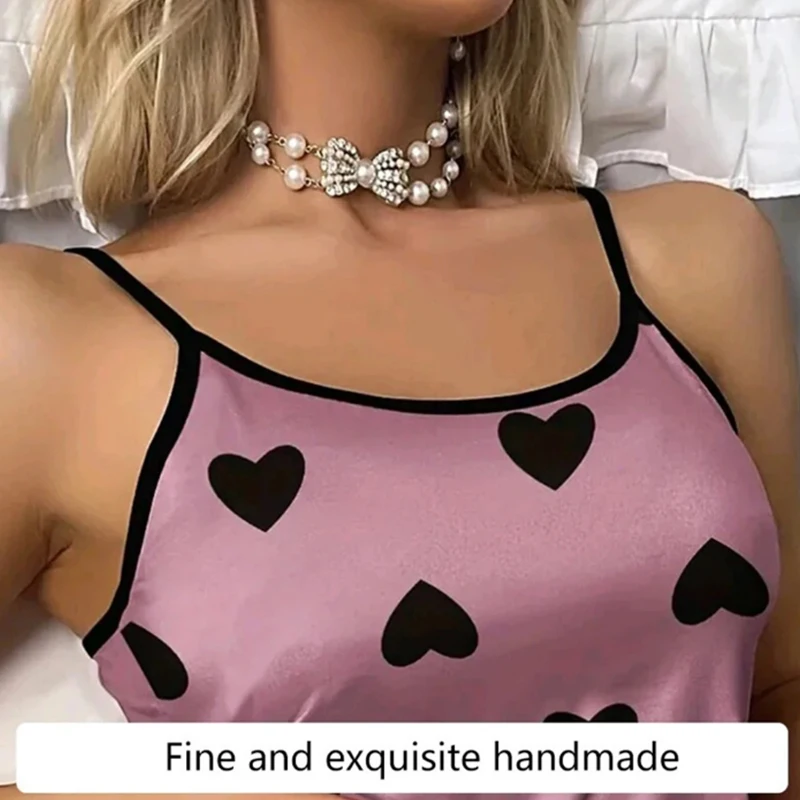 Damen-Pyjama-Set, Pyjama, T-Shirts, Shorts, rosa, herzförmiger Druck, Rundhals-T-Shirt, Eisseiden-Oberteil, bequem, lässig, Sommer – Detail 7