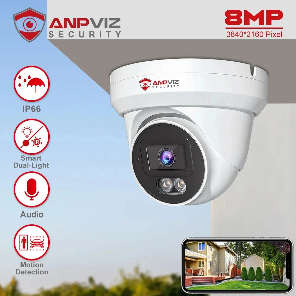 

Anpviz 8MP POE IP Turret Camera Outdoor Smart Dual Light ColorVU 30m CCTV Video IP67 H.265 Audio People and Vehicle Detection