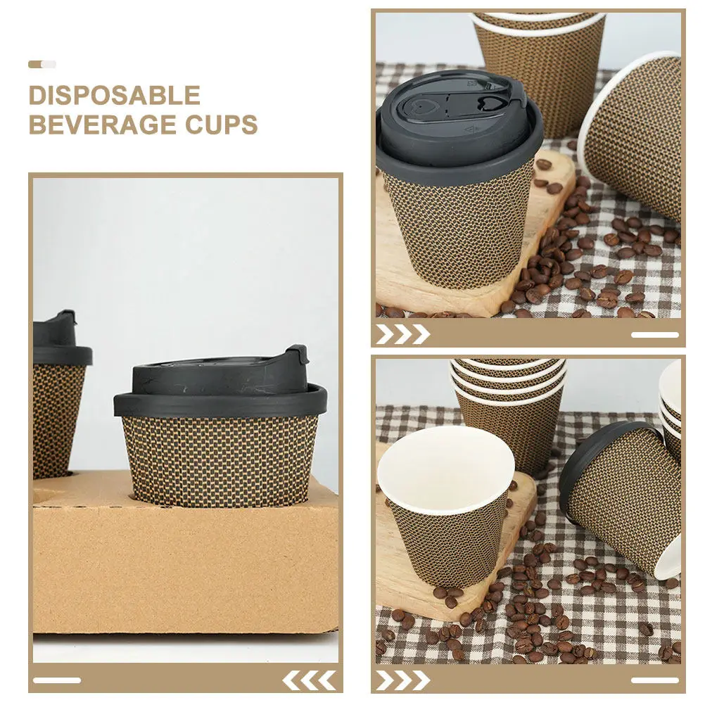 1Set Disposable Coffee Cups with Lids Heat Resistant Leak Proof Smooth Edge Ergonomic Design for Hot Coffee Milk Juice Beverage