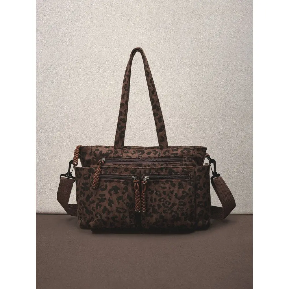 

1pc Leopard Print Corduroy Tote Bag For Women, Fashion, Large Capacity, MultiPocket, Detachable Adjustable Shoulder Strap, Suit