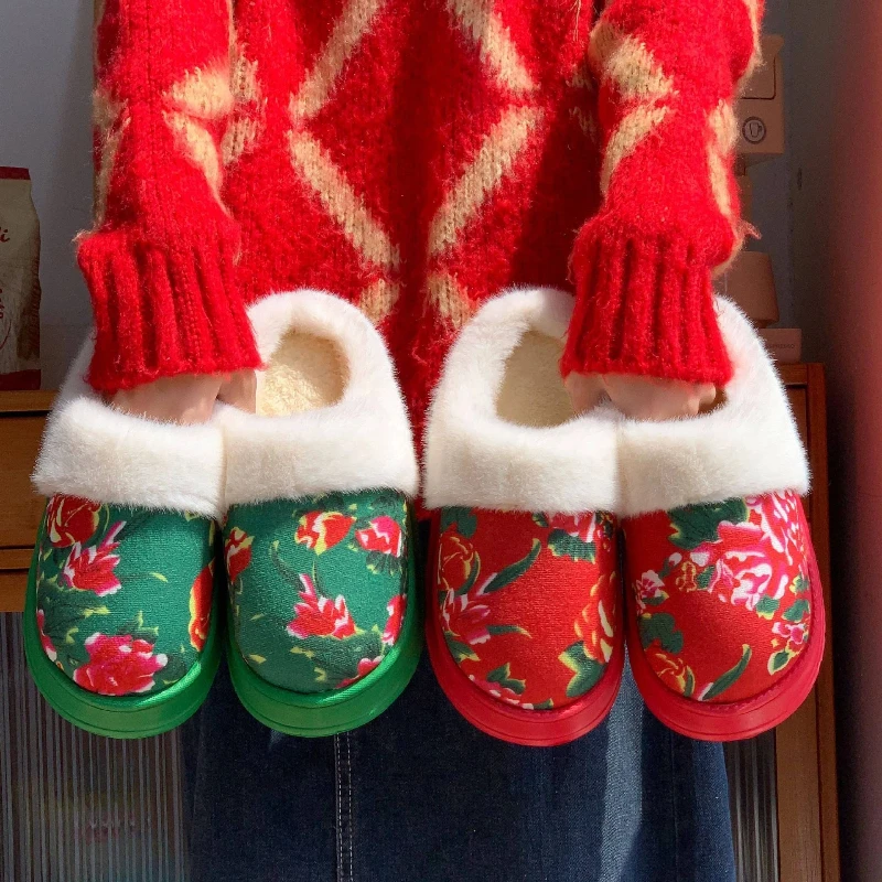 Vintage Floral Women Plush Slippers Winter Warm Furry Booties Thick Anti Slip Indoor Outdoor Home Flower Footwear Cotton Shoes
