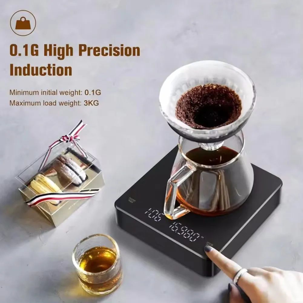 

D5 Digital Rechargable Coffee Scale with Timer LED Screen Espresso USB 3kg Weighing 0.1g High Precision Measures Kitchen Scale