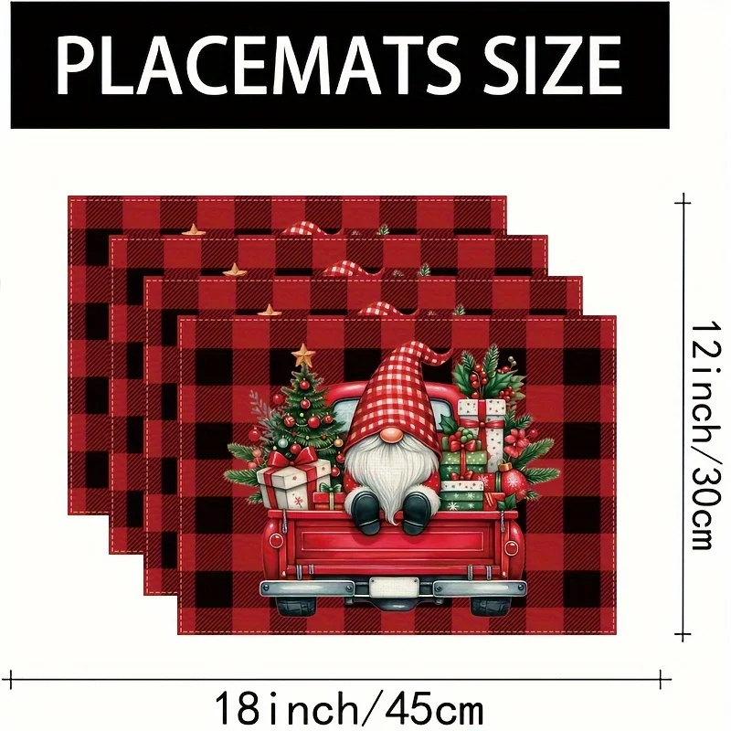 VIKAMA Plaid Gnome Truck Table Placemats - Red & Black Checkered Santa Sleigh Design, Durable Imitation linen Rectangular Mats view 4