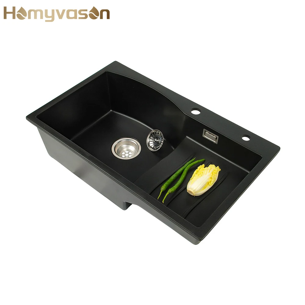 

New Arrival Luxury Wholesale Quartz Stone Undermount Quartz Black Granite Single Bowl Watermark Kitchen Sinks