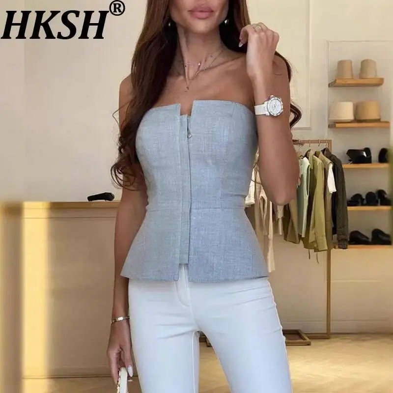 

HKSH Women Sexy Strapless Vest Stylish Off The Shoulder Slim Fit Ins Fashion Zipper Solid Color Chic Tank Top New Summer HK23635