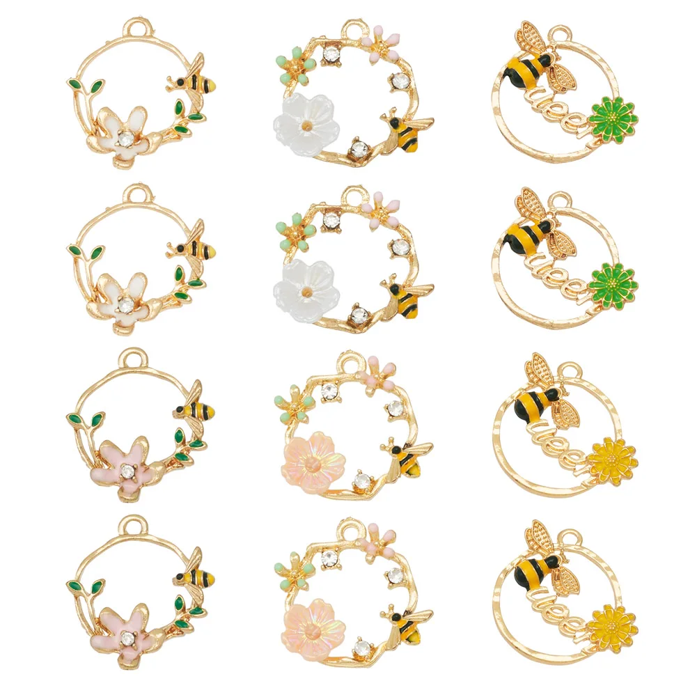 

24Pcs Metal Pendants with Enamel & Clear Cubic Zirconia Light Gold Flat Round with Bees & Flowers Mixed Color for DIY Necklace