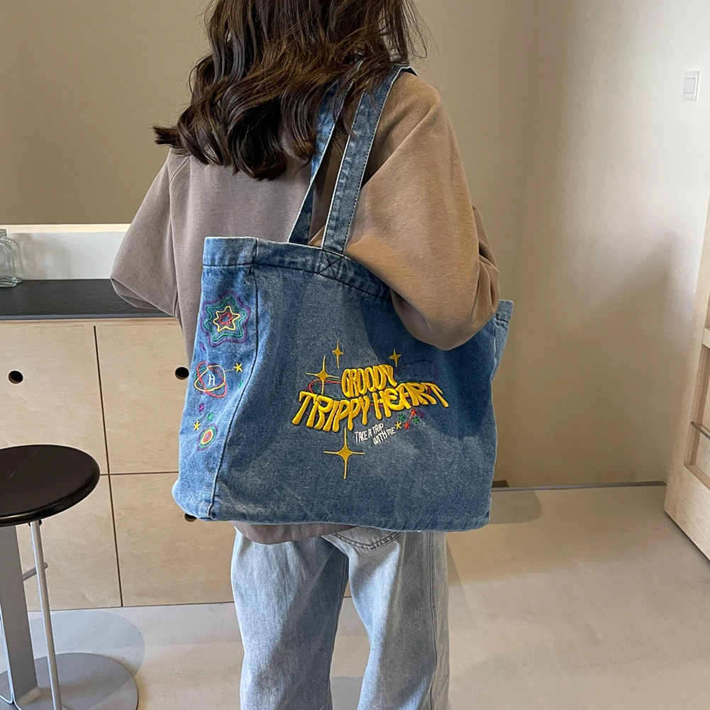 Denim Shoulder Bag Canvas Embroidered Letters Handbag Casual Travel Shopper Retro Hobo Bag Large Capacity Shoulder Underarm Bag