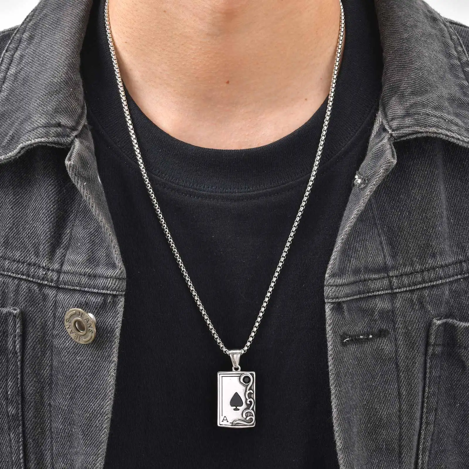 Gothic Playing Card Necklace for Men Boys,Stainless Steel Spade A Pendant Necklace,Vinatage Jewelry Gift