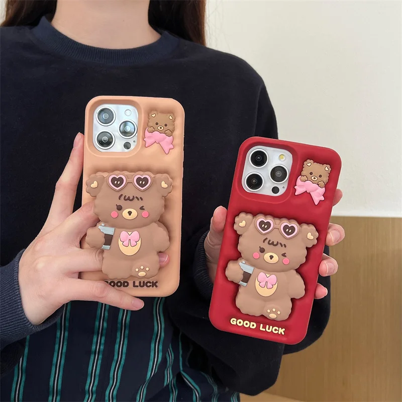 Cute Stand Lucky Bear Phone Case for iPhone 11 12 13 14 15 16 pro max