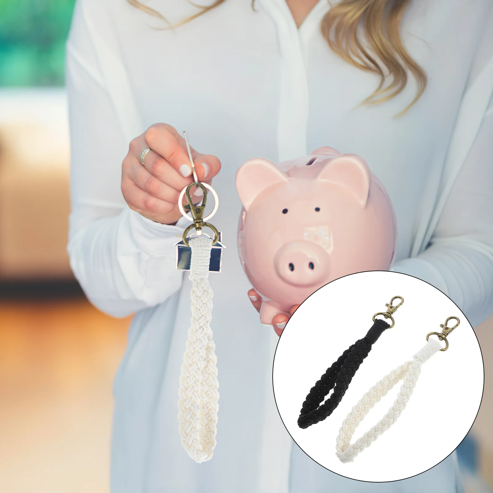 

2 Pcs Woven Keychain Cotton Rope Accessories Black White Hook Key Lanyard Women Car Keys ganizer Purse