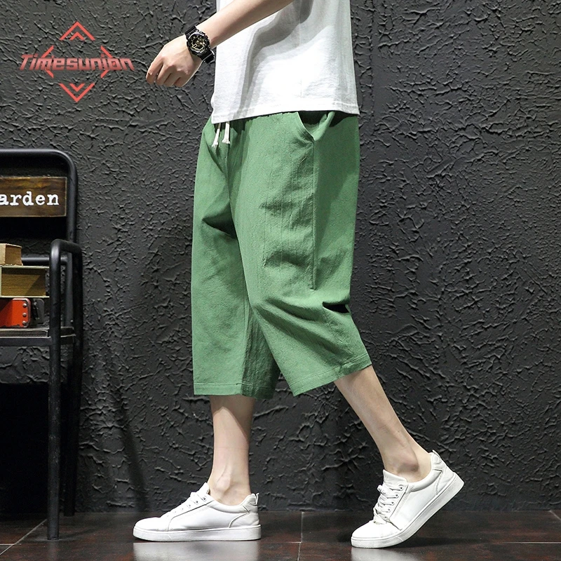 

Men's Summer Casual Shorts 100% Cotton Seven-Point Pants Chinese Style Loose Wide-Legged Simple Trendy Solid Shorts