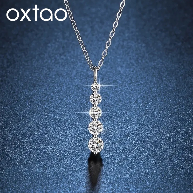 

OXTAO Certified Moissanite Diamond Necklace D Color Female Jewelry Anniversary Gift 5-Stone Long Charm Necklace 14K Gold Filled