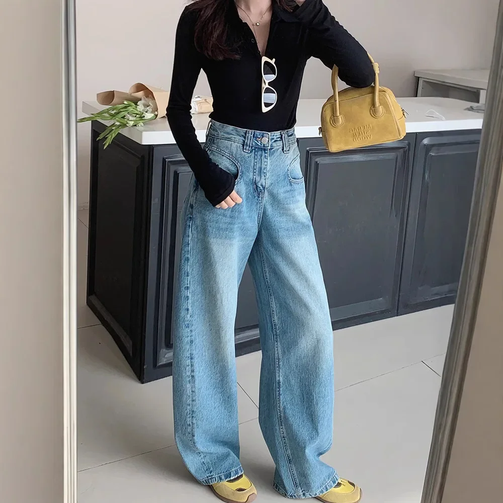 

Wide Leg Pants Jeans Women Vintage Basics Floor Length High Waist Washed Distressed Pockets Streetwear Straight Denim Trousers