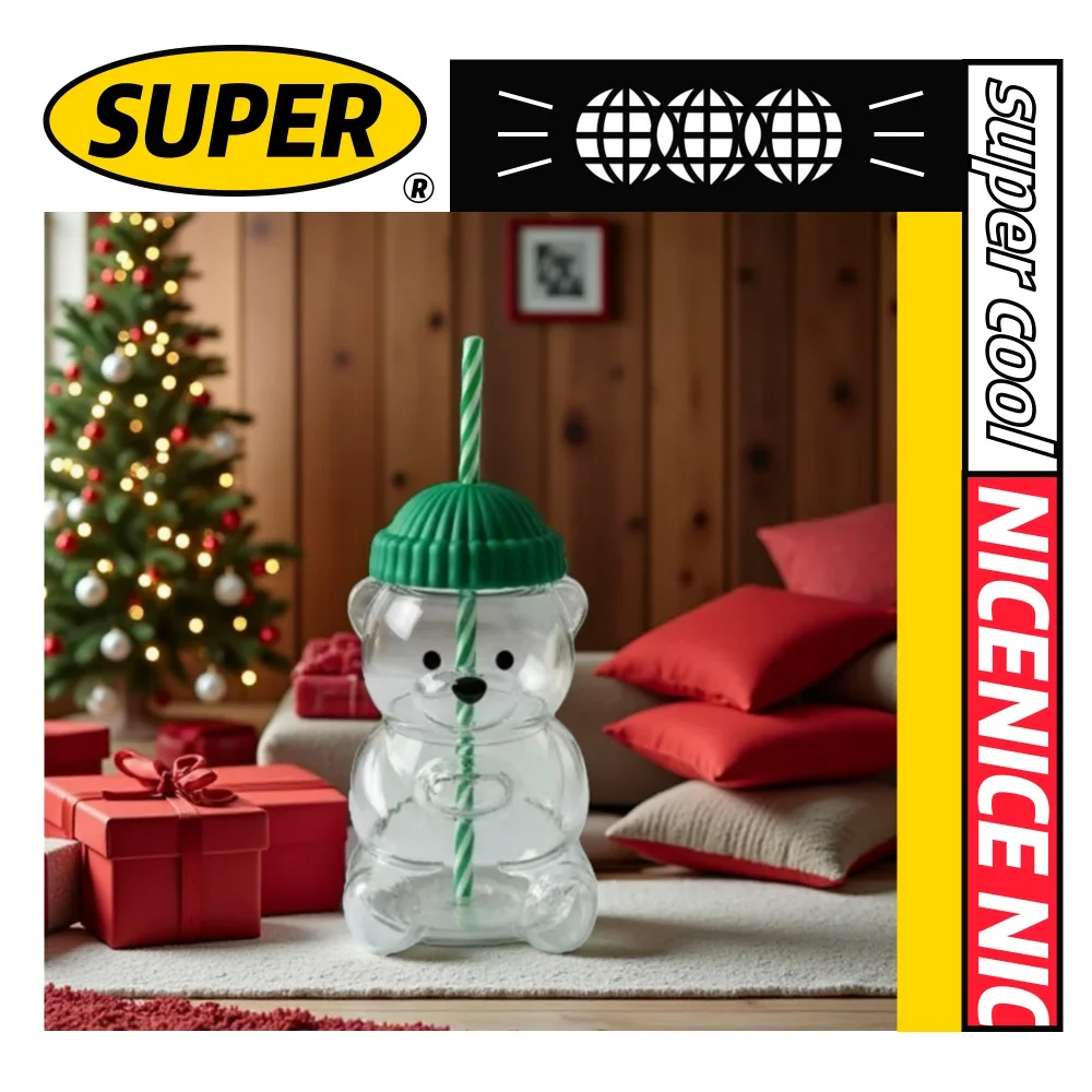 الخريف الشتاء الساخن شرب الكرتون الدب القدح لطيف كوب زجاجي شفاف مع القش أكواب القهوة الإبداعية للشاي والحليب والمشروبات #4