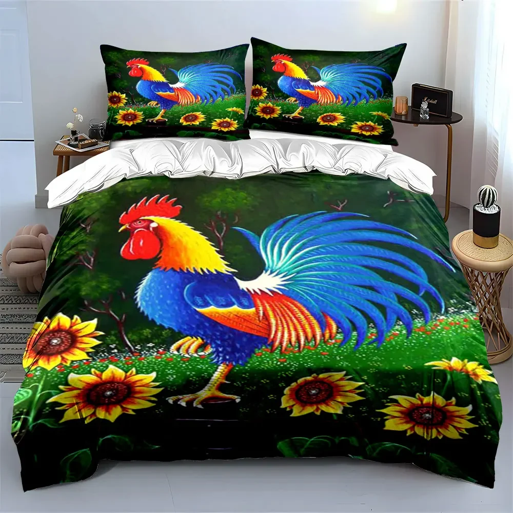 Colorful Rooster Floral Wall Art Multiple sizes kid's and adults' bedroom Exquisite 3PC bedding set, gift