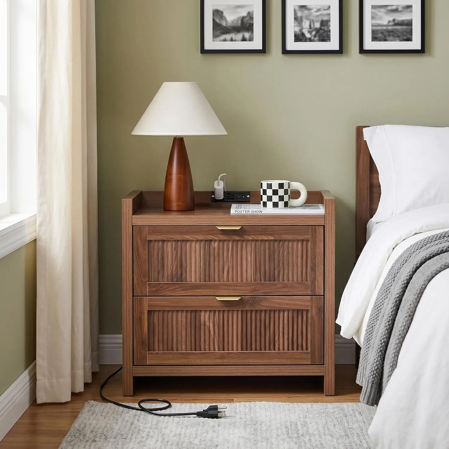 

25.2" Wide Fluted Night Stand Set Of 2 With Charging Station, Farmhouse Nightstand With 2 Drawers, Wood Bedside, Customized