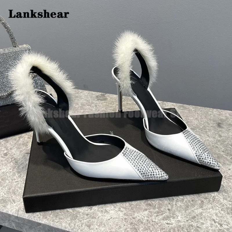 

White Patent Leather Pointed Toe Sandals Pink Furry High Heels Mink Women's Shoes High-Grade Banquet Diamond Single Shoes New