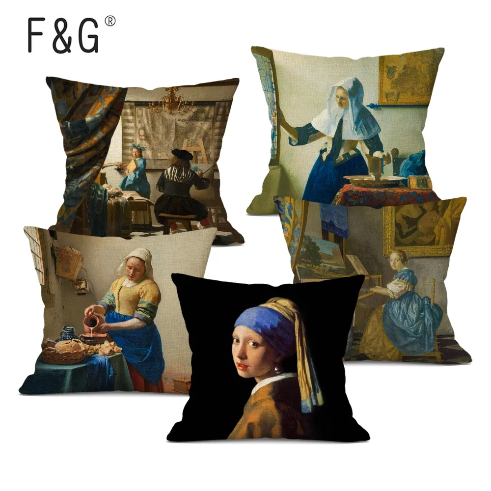 Girl with Pearl Earrings Decorative Cushion Cover Oil Painting Art Decorative Throw Pillow Case for Home Sofa Decor