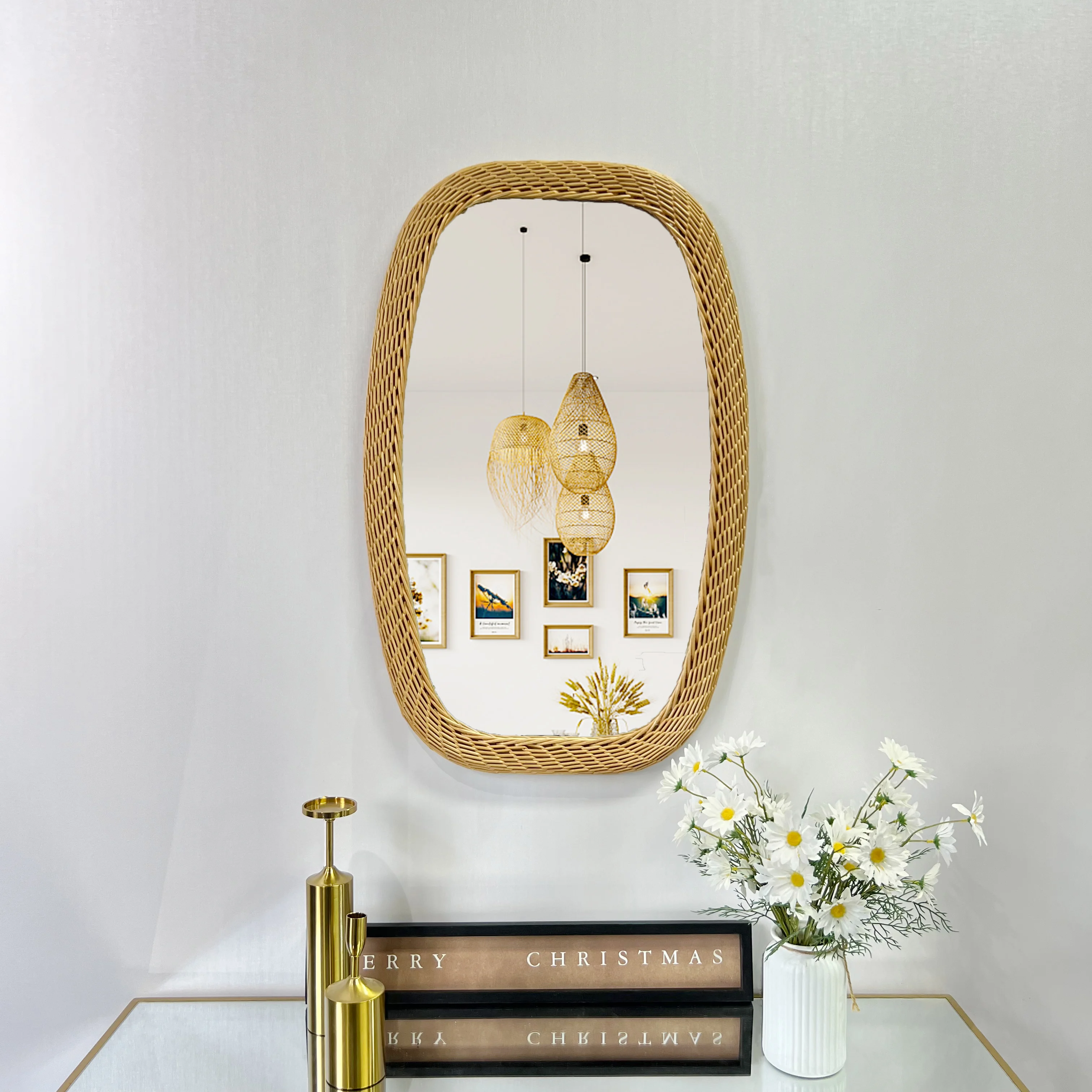 

-72x42cm Minimalist retro style rattan mirror wall decoration Bedroom living room Bedroom hotel