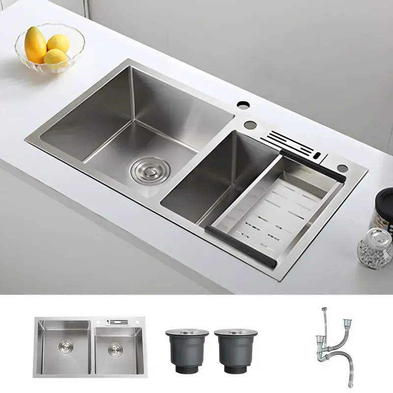 for Kitchen Sink Stainless Steel Handmade Double Basin Counter Top with Knife Holder Faucet Hole Thickened Vegetable Washing