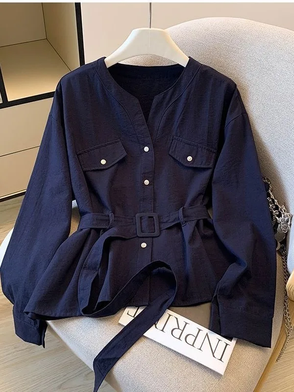 

Новинка: Женский свободный длинный топ в корейском стиле с круглым вырезом, поясом и дизайнерским декором для повседневного образа на раннюю осень.