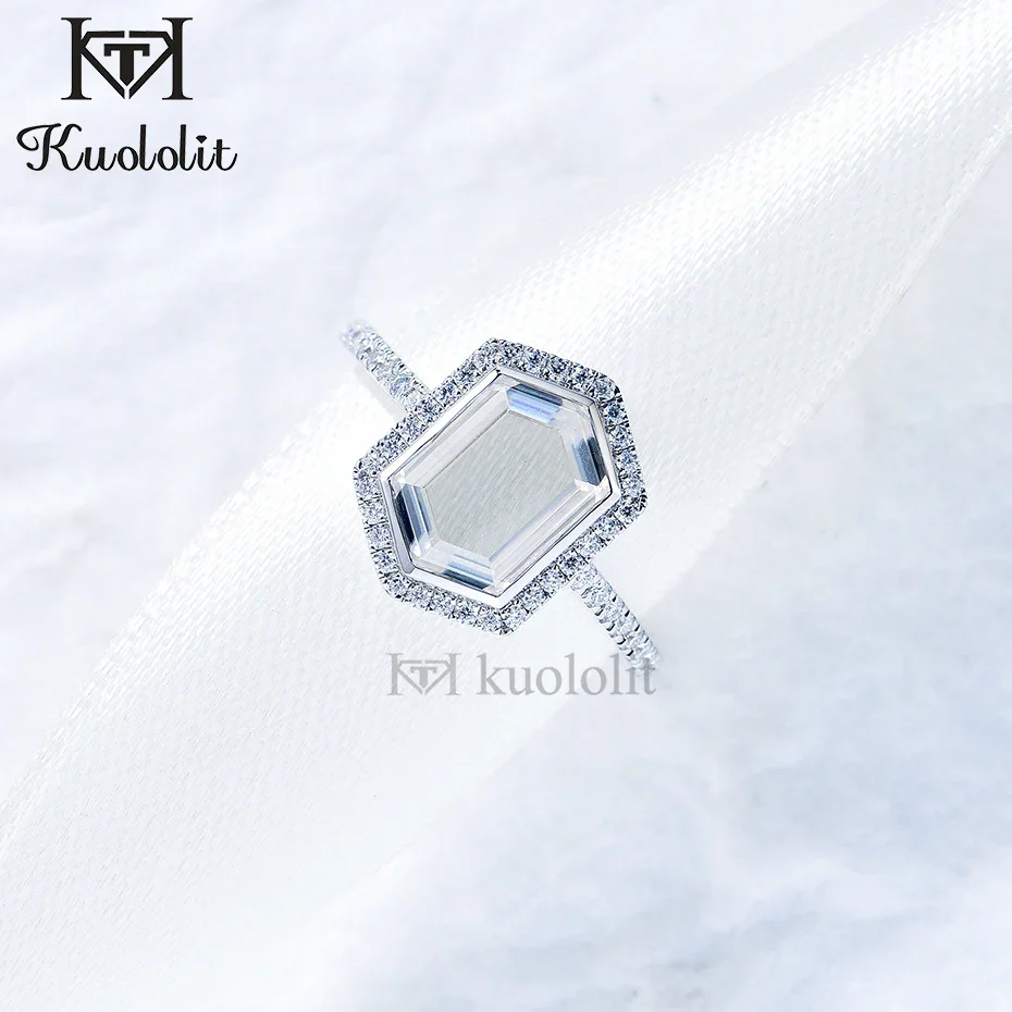 Kuololit Portrait Moissanite Ring for Women Solid 18K 14K White Gold Elongated Lozenge Bezel Ring for Engagement Christmas Gifts