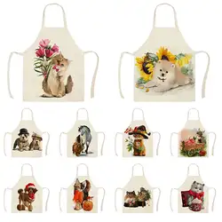 1Pcs Kitchen Apron Animals Cute Cartoon Cat Horse Dog Printed Sleeveless Cotton Linen Aprons for Women Home Cleaning Tools55*68c