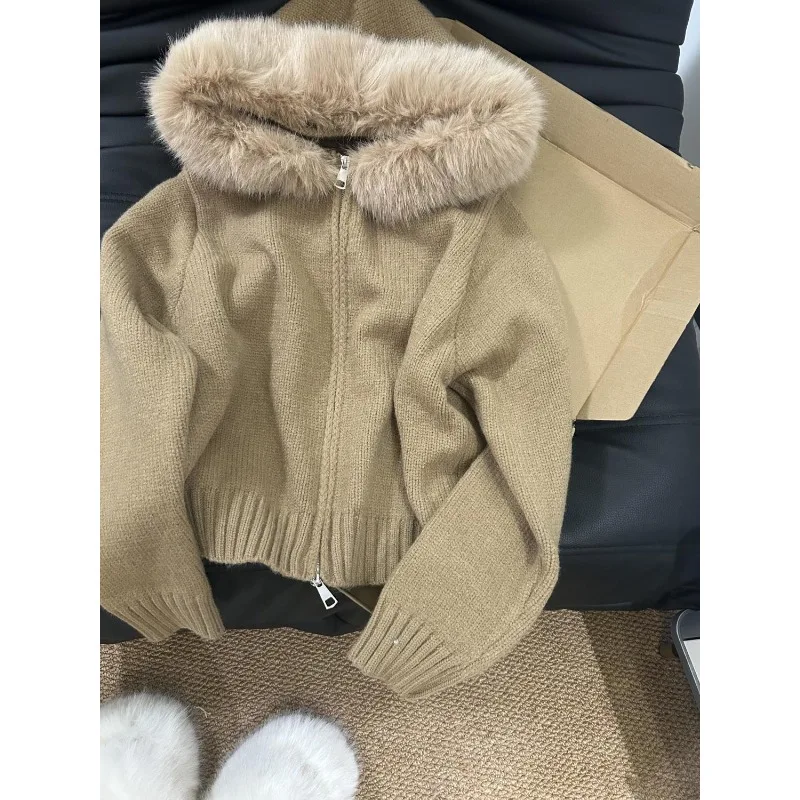 Long fur-trimmed hooded knitted coat Women Autumn and Winter New Collection Lazy Elegance Loose Zip-up sweater Jumper