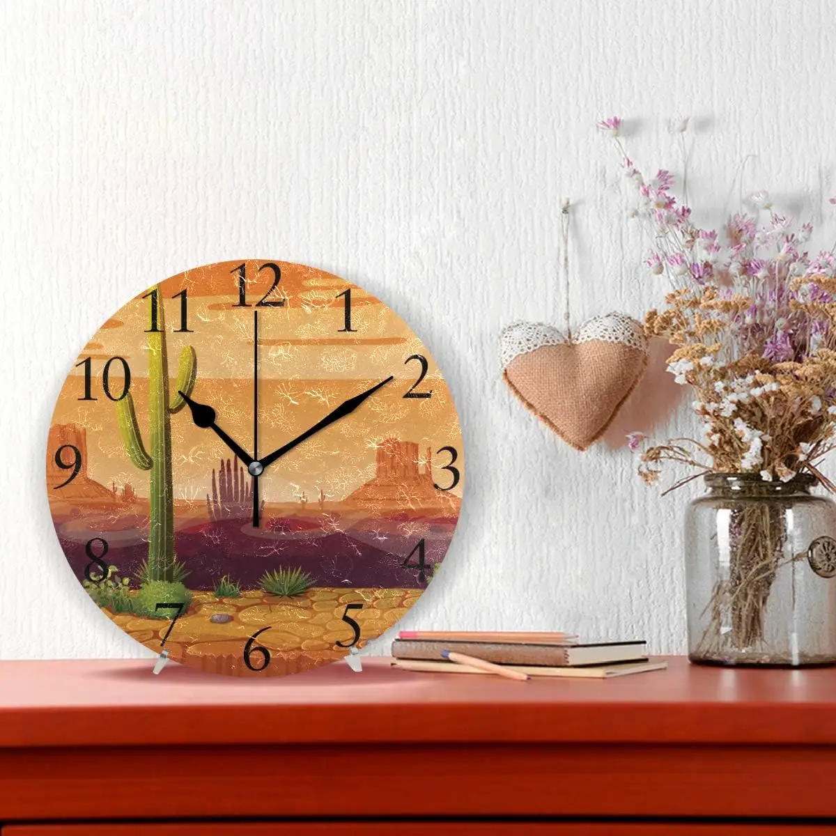 Desert Cactus at Sunset Wall Clock 9.8 Inch Silent Round Wall Clock Battery Operated Non Ticking Creative Decorative Cloc