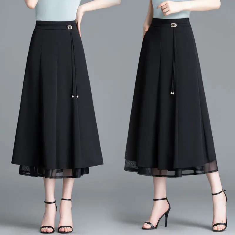 Autumn High Waist Pocket Eight Panel Skirt Flowy Casual Mesh Layer Midi Slimming Skirt