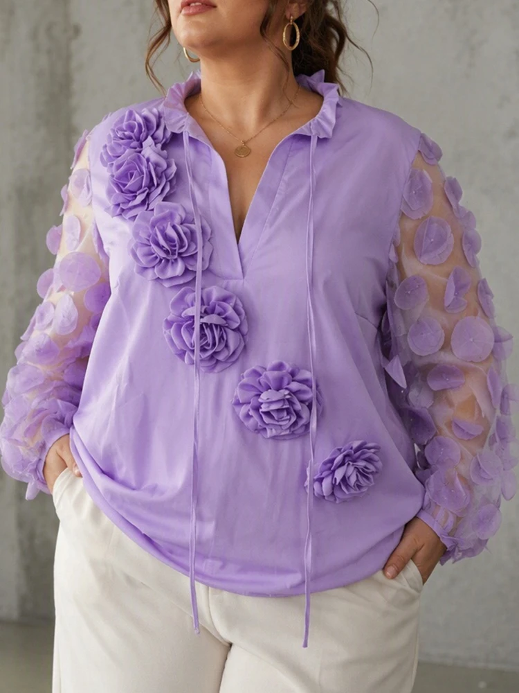 Women's Plus Size 3D Floral Applique Blouse V Neck Tie Ruffle Collar Sheer Mesh Long Sleeve Daily Casual Streetwear Shirt Top