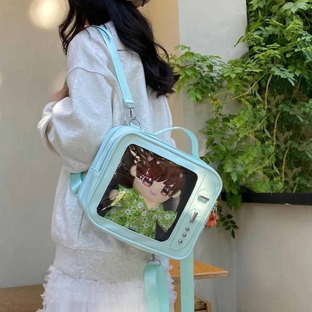 Fashion PU TV Model Backpack Large Capacity Ulzzang Transparent Layer Ita Bag Hand-held Display Layer Shoulder Bag Women