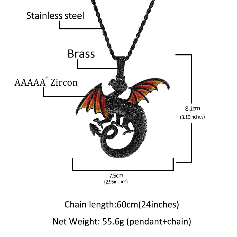 Hip Hop 3A+ CZ Stone Paved Bling Iced Out Dragon Pendants Necklaces for Men Rapper Jewelry Black Silver Color Drop Shipping