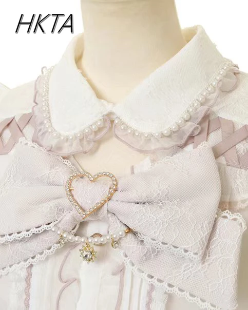 Japanese Liz Shirt Mine Lace Pink Sweetheart Sweet Bow Off-the-shoulder Long-sleeve Top Cute Lolita Girls Blusas Feminina Blouse