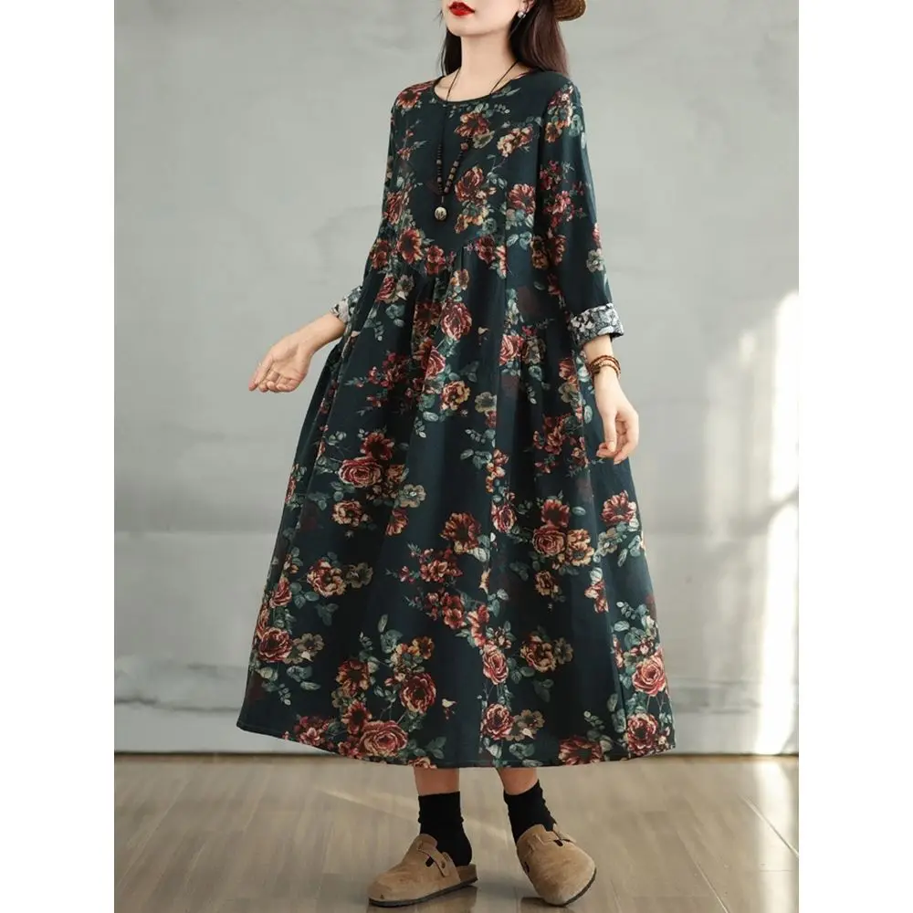 Baumwolle Vintage Print Floral Kleider 2025, Frauen Casual Lose Langarm Kleid Femme Robe Vestidos Elegante Frühling Herbst Kleidung