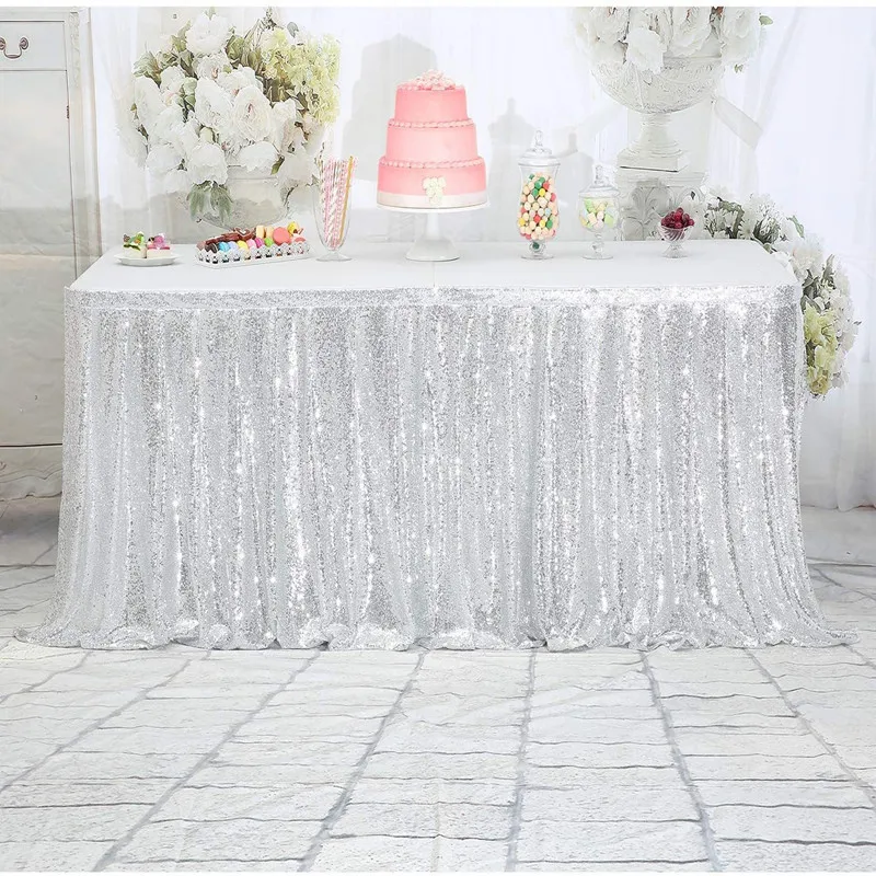 Sequin Table Skirt for Round/Rectangle/Square Table for Birthday Party Wedding Christmas Silvery Table Skirting